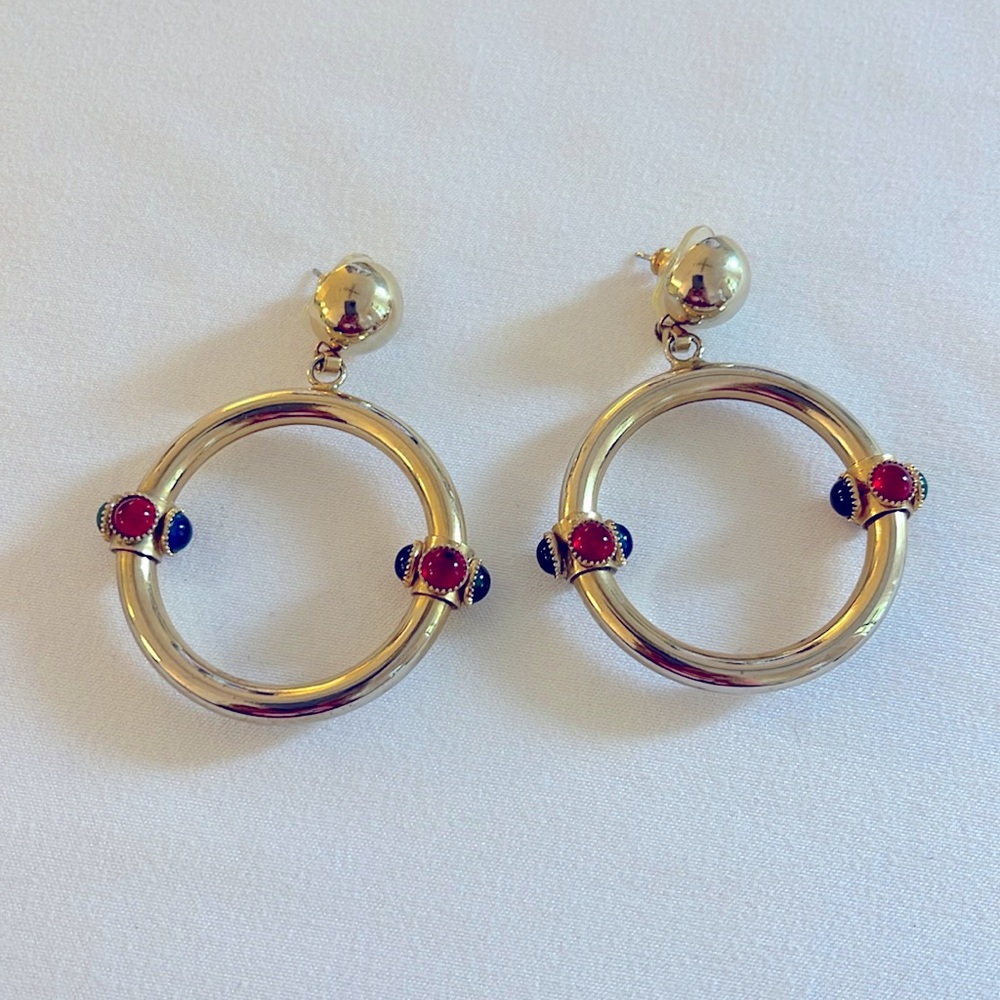 Pierced Gold Loop Earrings with Purple, Red, Green and Blue Stones EUC Vintage